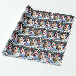 Papier Cadeau Chat Persan Assis dans la Neige avec un Chapeau de