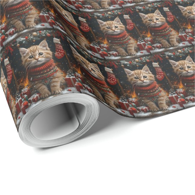 Papier Cadeau Chat Perse Avec Foyer Cadeaux De Noël (Coin rond)