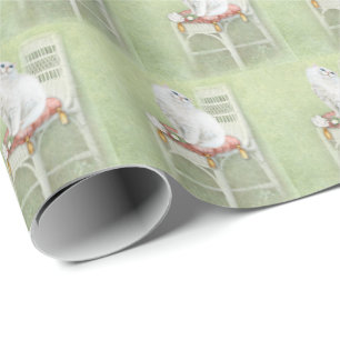 Papier Cadeau chat perse blanc sur coussin chaise