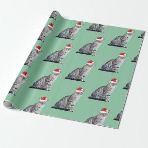 Papier Cadeau Chat rayé blanc gris portant un chapeau de Père No