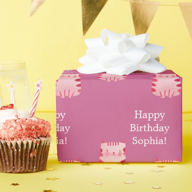 Papier Cadeau Chat rose mignon Joyeux anniversaire Personnalisé (Fête d'anniversaire)