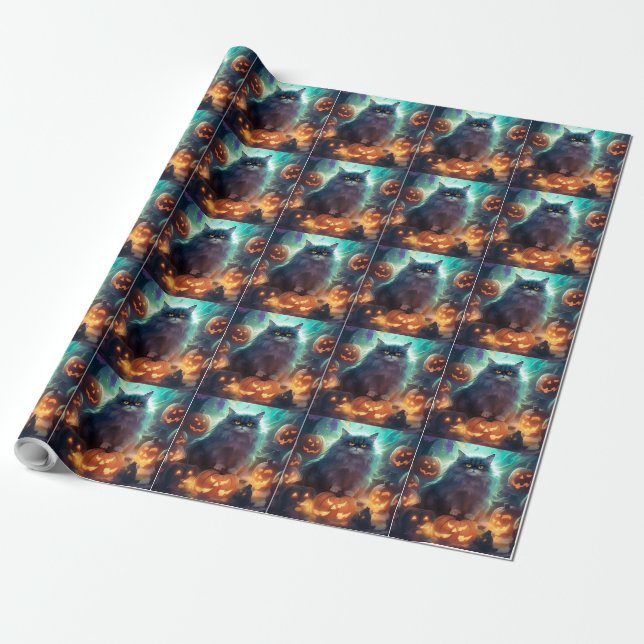 Papier Cadeau Chat Sibérien D'Halloween Avec Peur Citrouille (Déroulé)