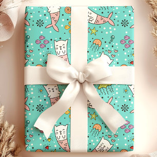 Papier Cadeau Chat sirène  Motif mignon océan nautique méduse