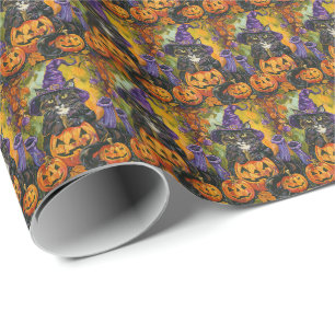Papier Cadeau Chat Smoking Tuxedo Halloween Sorcière et Citrouil