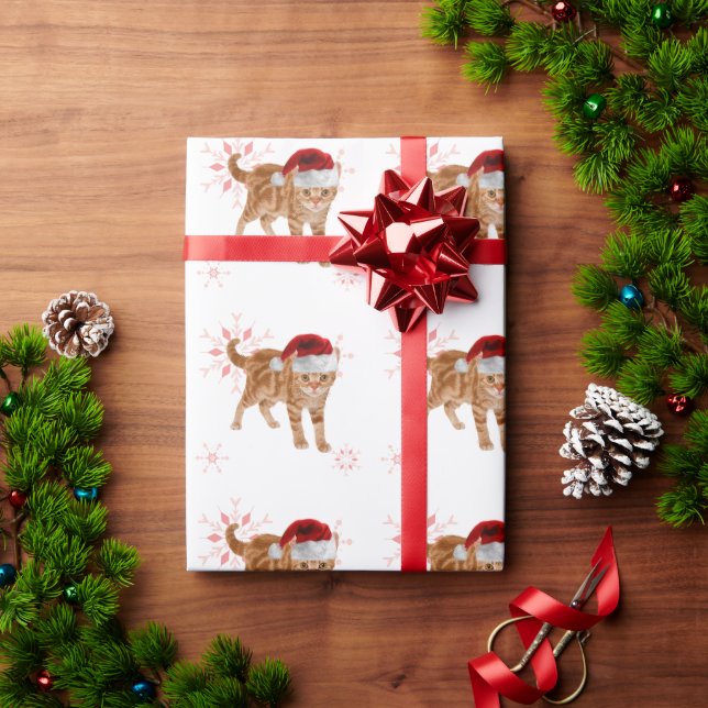 Papier Cadeau Chat Tabby Orange dans un chapeau de Noël (Cadeau de vacances)