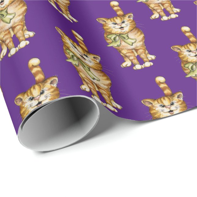 Papier Cadeau chat tabby sur violet (Coin rond)