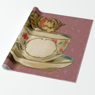 Papier Cadeau Chat Tasse à Thé Mignon Vintage Victorien Animal C