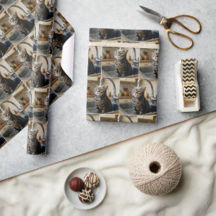 Papier Cadeau Chat tigré mouillé assis dans un évier de cuisine