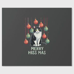 Papier Cadeau Chat Tuxedo de Noël avec décorations de fêtes Joye
