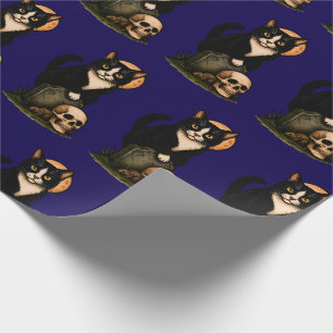 Papier Cadeau Chat Tuxedo et Crâne Conception de Cimetière Gothi
