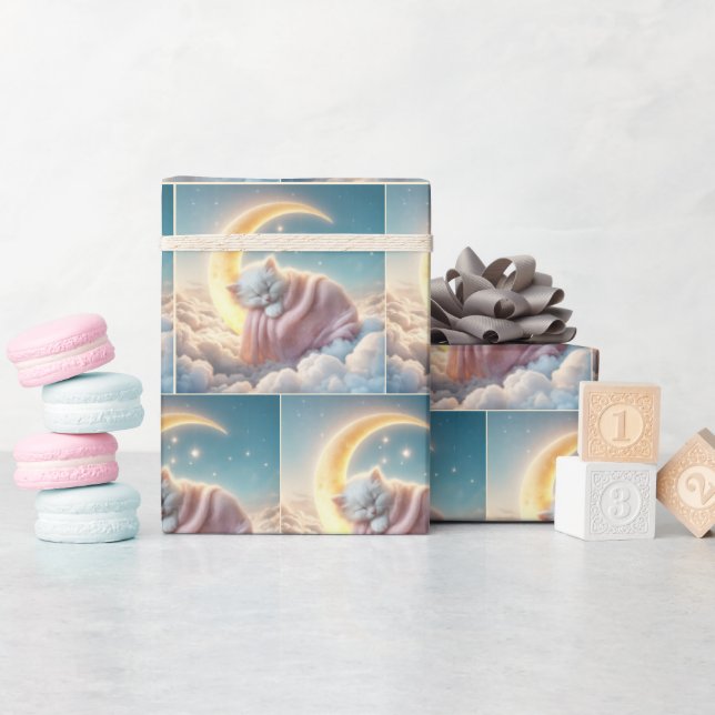 Papier Cadeau Chaton couché sur une lune de croissant (Baby Shower)