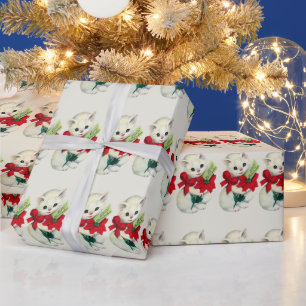 Papier Cadeau Chaton de Noël Rétro Adorable Blanc Ruban Rouge