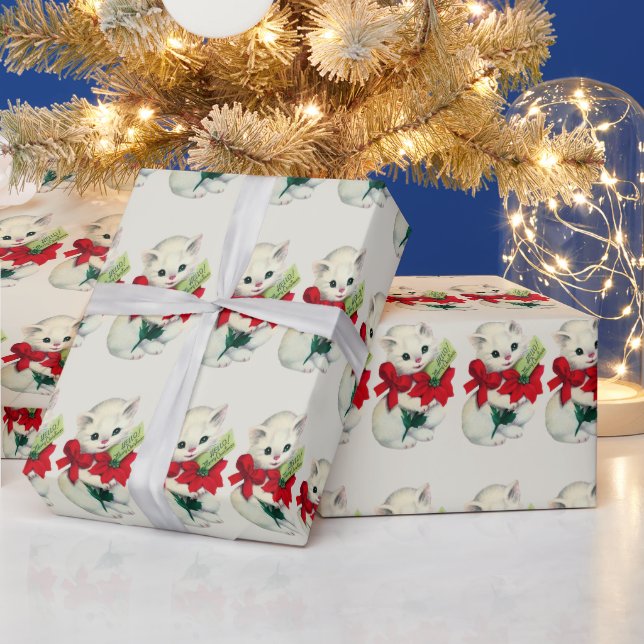 Papier Cadeau Chaton de Noël Rétro Adorable Blanc Ruban Rouge  (Vacances)
