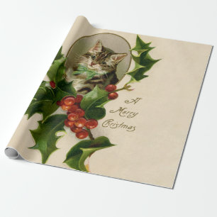 Papier Cadeau Chaton de Noël victorien au houx antique tabby
