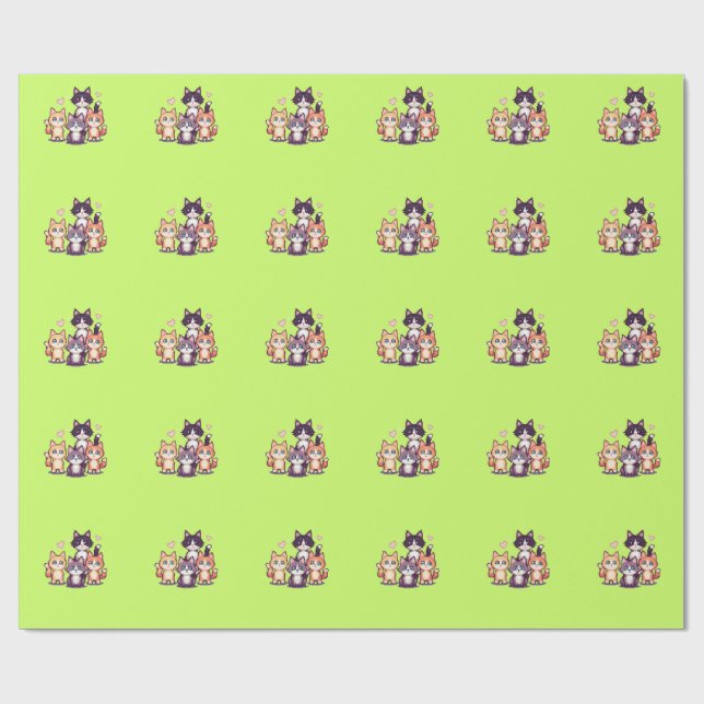 Papier Cadeau Chatons Colorés Pixelisés (Plat)