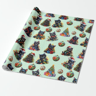 Papier Cadeau Chatons de Noël Noir Joueur