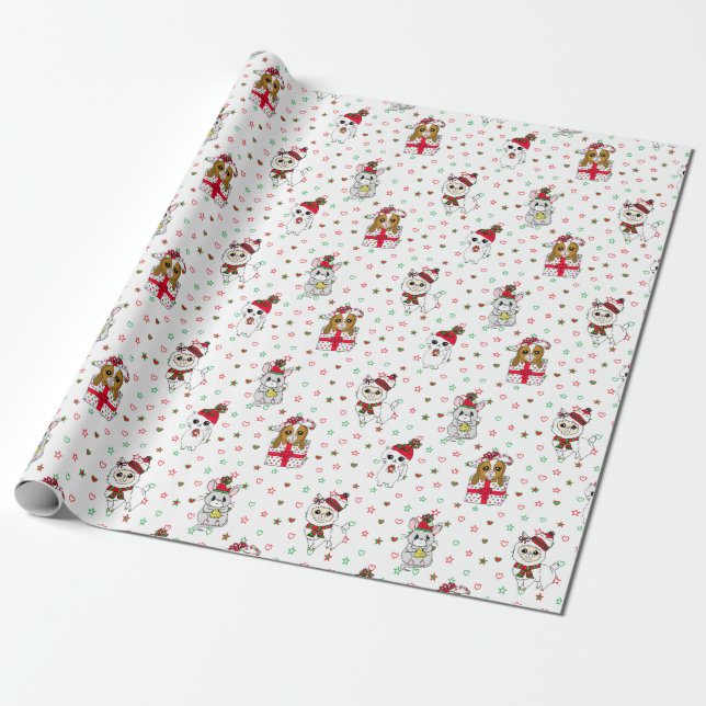 Papier Cadeau Chatons, lamas et souris Noël (Déroulé)
