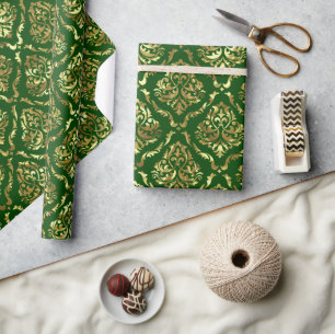 Papier Cadeau Chatoyant Or Floral Damask Sur Vert