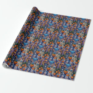 Papier Cadeau Chats Bleus Russes en Costumes d'Halloween