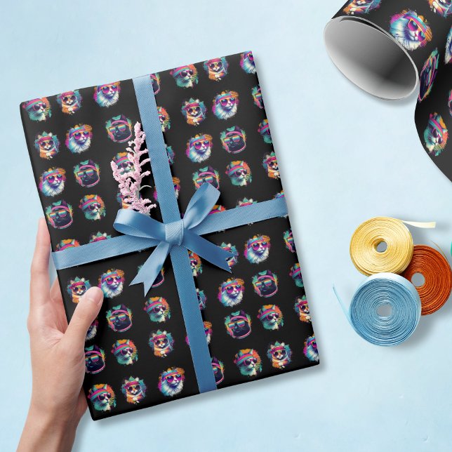 Papier Cadeau Chats Cool rétro des années 1980 avec lunettes de  (Funny retro cat wrapping paper is cool, colorful, and good any time of year!)