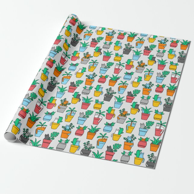 Papier Cadeau Chats dans les pots à fleurs (Déroulé)