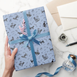 Papier Cadeau Chats d'art rupestre sur fond bleu
