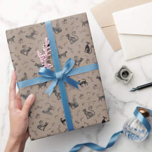 Papier Cadeau Chats d'Art Rupestre sur Fond Brun Clair