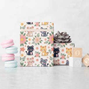 Papier Cadeau Chats de jungle de dessin animé et fleurs