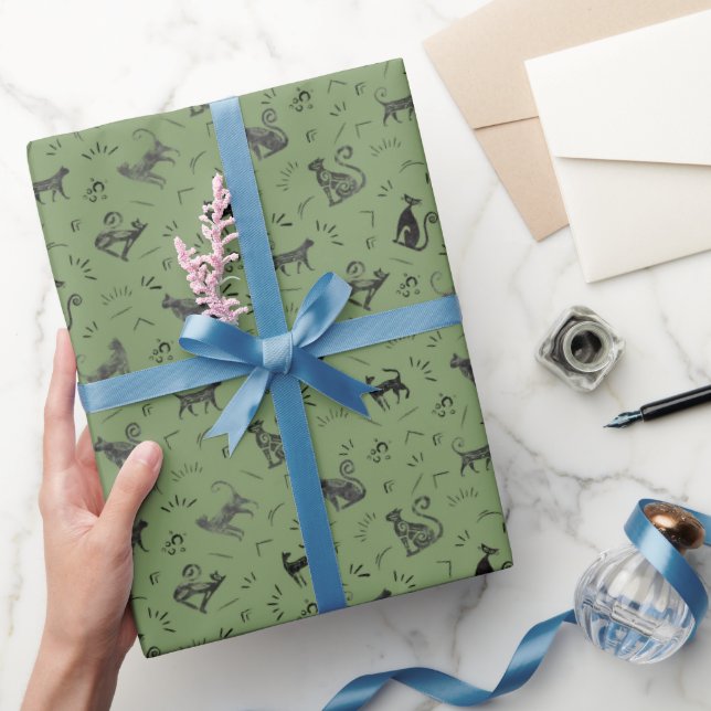 Papier Cadeau Chats de l'art rupestre sur fond vert (Cadeaux)