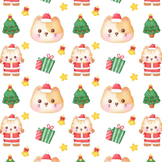 Papier Cadeau Chats De Noël Avec Arbres Sur Papier Blanc (Créateur téléchargé)