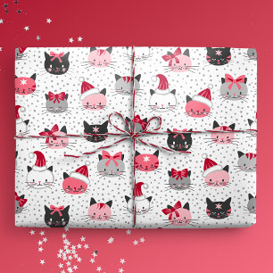 Papier Cadeau Chats de Noël avec chapeau de Père Noël