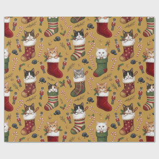 Papier Cadeau Chats de Noël dans des Chaussettes