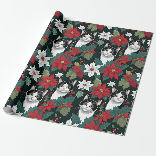 Papier Cadeau Chats De Noël Et Poinsettias (Déroulé)