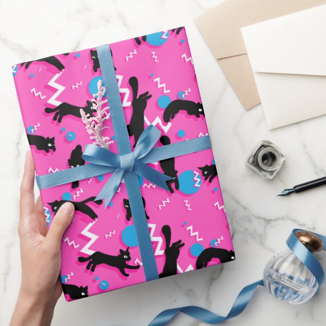 Papier Cadeau Chats des années 80 Noir rose Motif géométrique Me (Cadeaux)