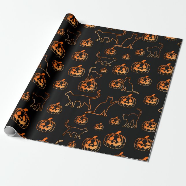 Papier Cadeau Chats d'Halloween noirs et Motif Jack-o-Lantern (Déroulé)