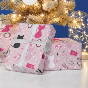 Papier Cadeau Chats du coeur rose du milieu du siècle
