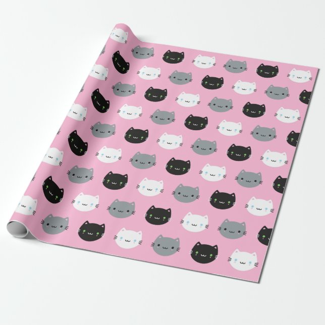 Papier Cadeau Chats et chatons mignons de Kawaii (rose) (Déroulé)