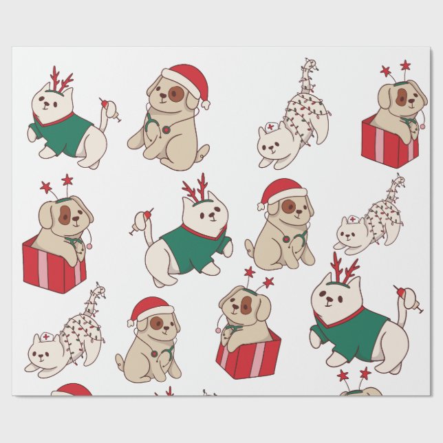 Papier Cadeau Chats et chiens mignons Noël (Plat)