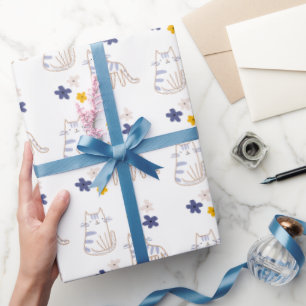 Papier Cadeau Chats et fleurs en blanc