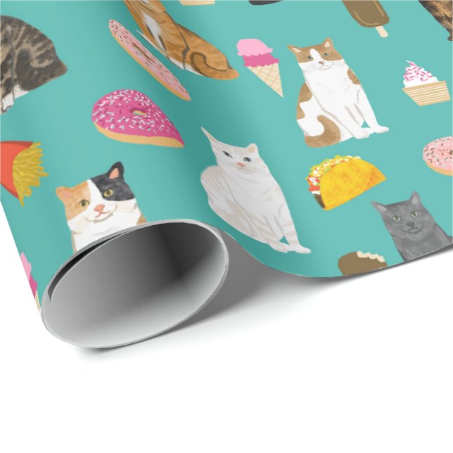 Papier Cadeau Chats et nourriture motif mignon (Coin rond)