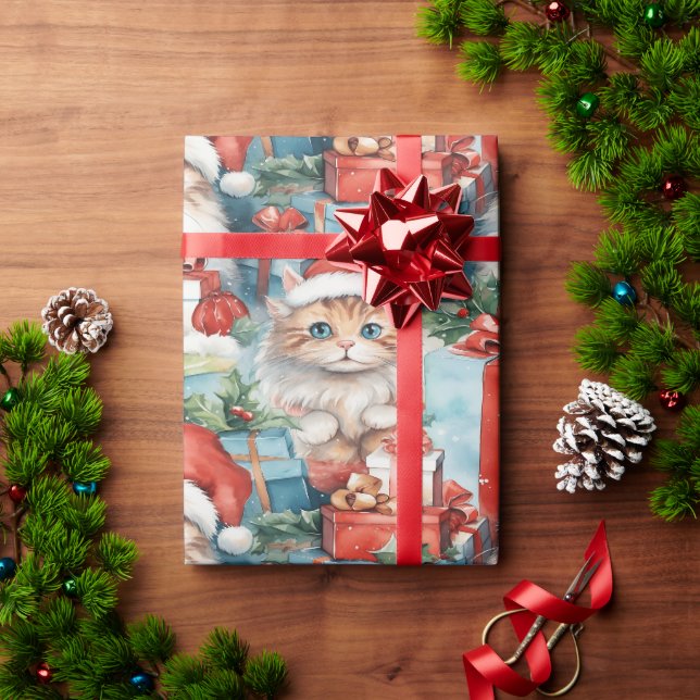 Papier Cadeau Chats festifs avec cadeaux de Noël (Cadeau de vacances)