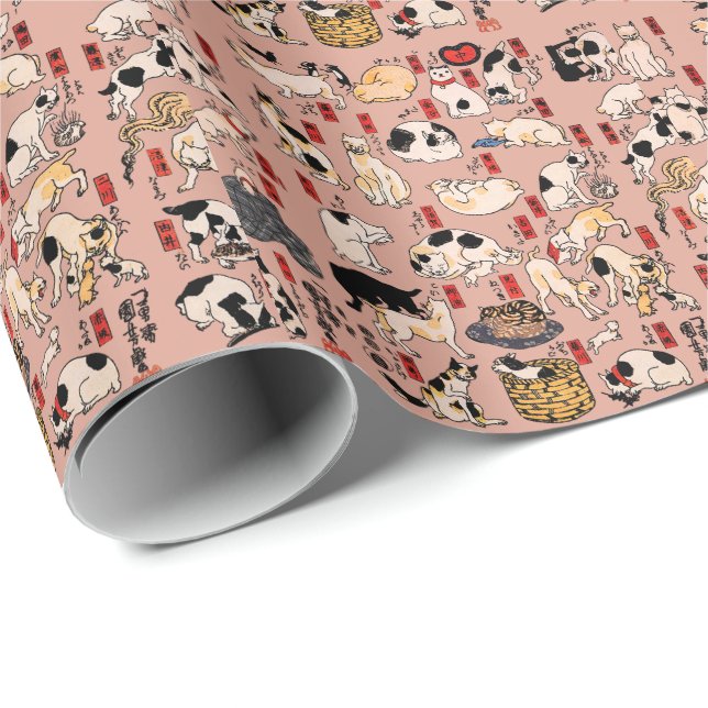Papier Cadeau chats japonais Ukiyo-e Funny kitty (Coin rond)