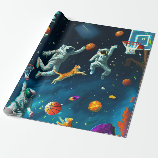Papier Cadeau Chats jouant au basket-ball dans l'espace avec des (Déroulé)