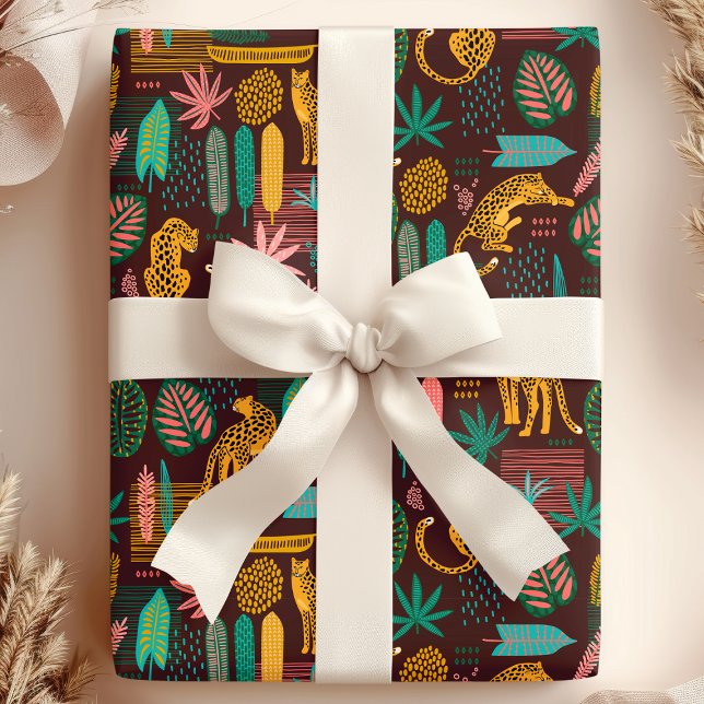 Papier Cadeau Chats léopard Motif de la jungle tropicale violett (Créateur téléchargé)