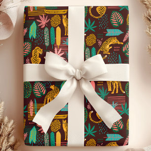 Papier Cadeau Chats léopards Motif jungle tropical pourpre