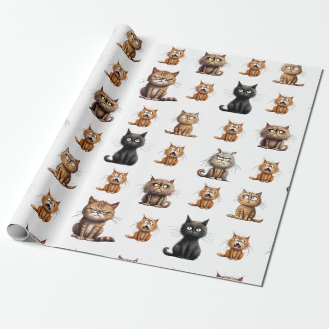Papier Cadeau Chats mignonnes Mad Noir, Orange et Gris (Déroulé)