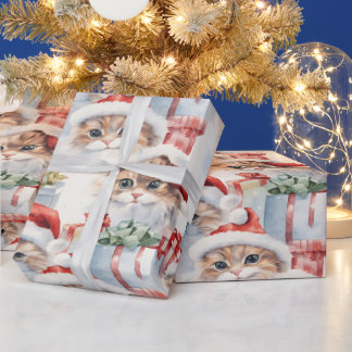 Papier Cadeau Chats mignons en chapeaux de Santa avec cadeaux