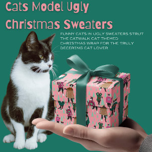 Papier Cadeau Chats Modèle Vilain Sweaters de Noël rose