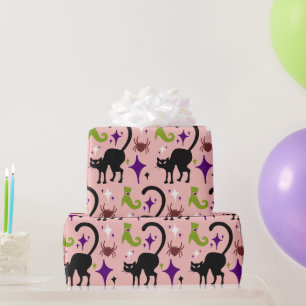 Papier Cadeau Chats noirs araignées bottes de sorcière vert citr