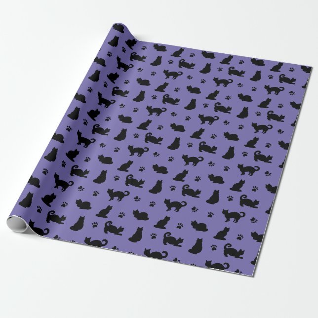 Papier Cadeau Chats noirs Empreintes de pattes pourpres (Déroulé)